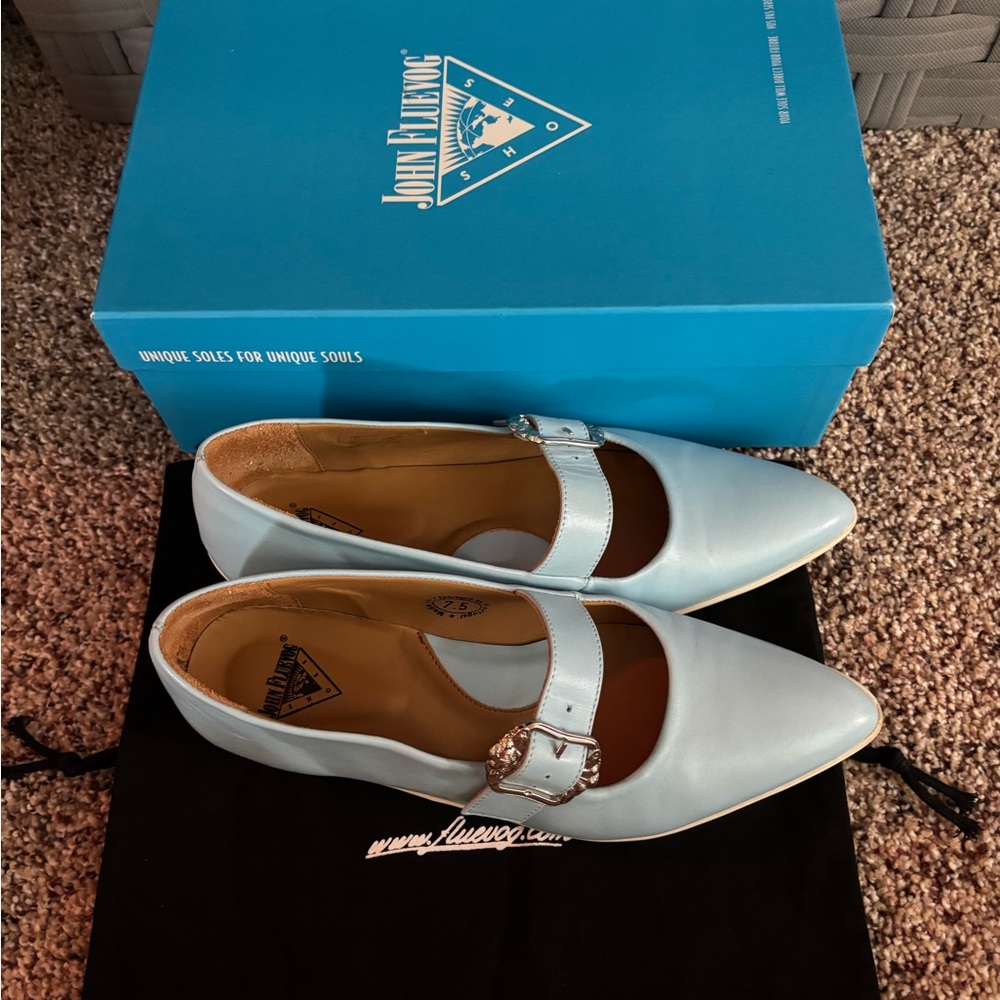 John Fluevog Zeal Blue Leather Mary Jane Ballet Flats - Picture 2 of 5